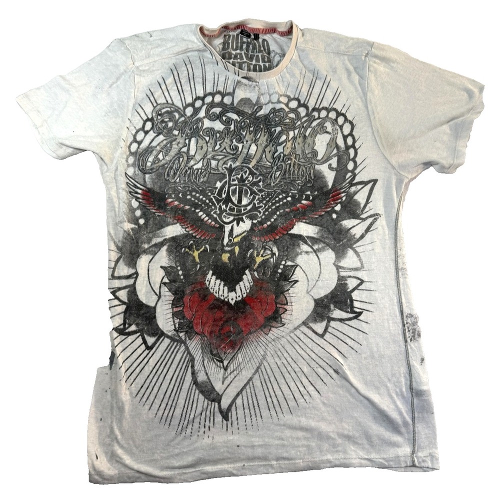 Buffalo David Bitton Y2K AOP TShirt Mens M White Tattoo Skull Biker Streetwear